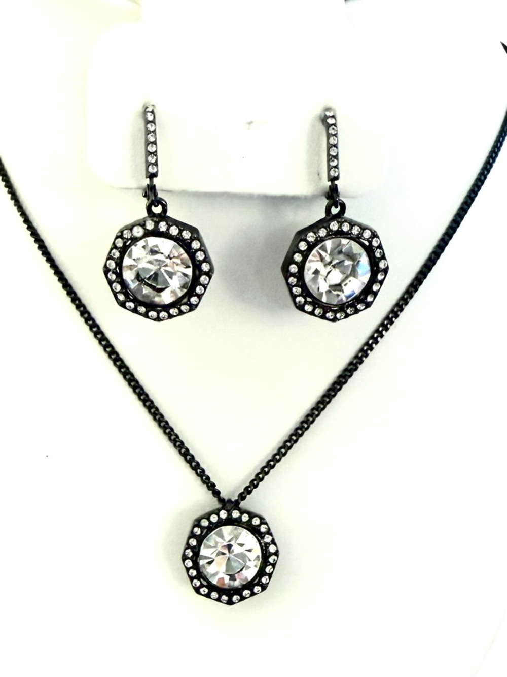 Givenchy Gunmetal Crystal Necklace Earrings Set Halo Rhinestone Signed Designer